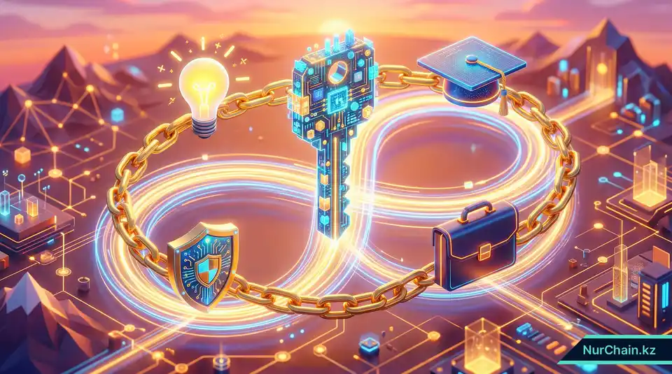 3D-инфографика, изображающая петлю бесконечности с иконками доверия, непрерывного обучения и карьерного успеха.