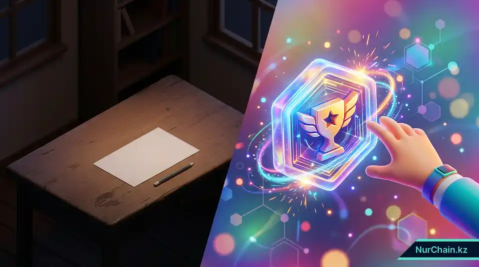 3D-иллюстрация, противопоставляющая традиционные бумажные задания яркому светящемуся NFT-вознаграждению в рамках геймификации образования.
