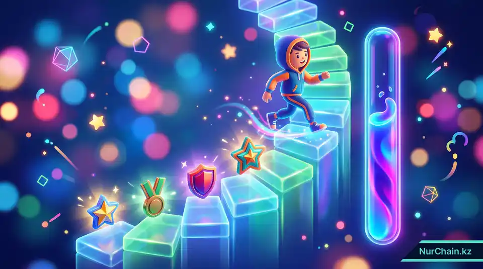 3D-графика, изображающая студента, который собирает светящиеся значки достижений NFT, поднимаясь по цифровой лестнице.