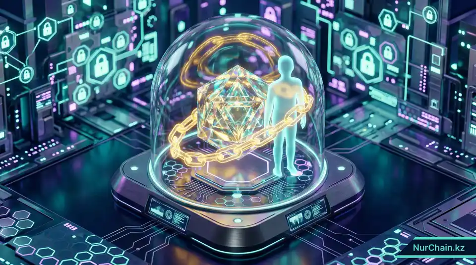 3D-визуализация уникального NFT микро-документа, защищенного цифровой цепью и голографическими замками.
