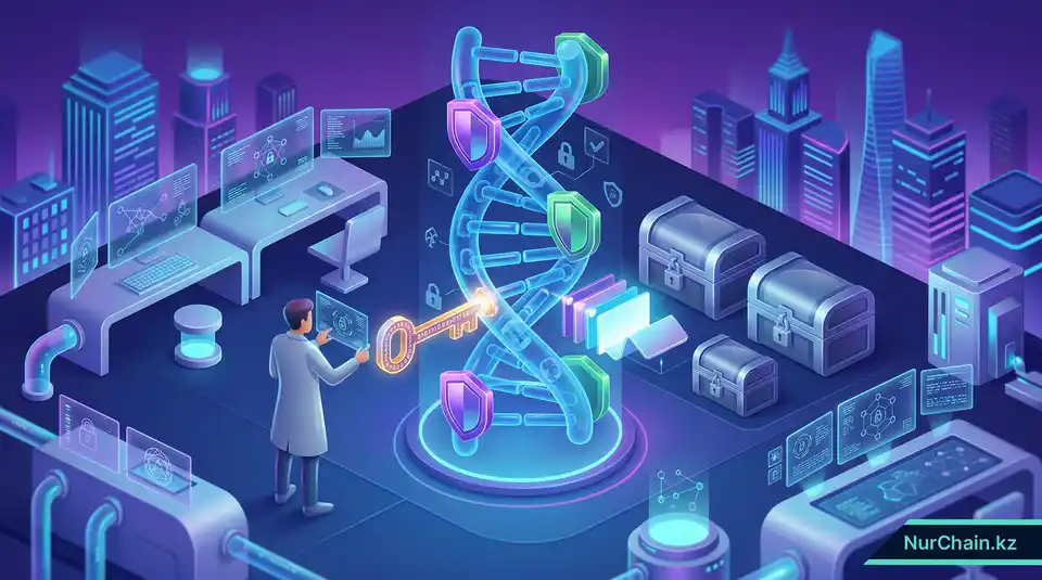 3D-визуализация блокчейна и доказательств с нулевым разглашением, защищающих конфиденциальность данных в цифровых документах.