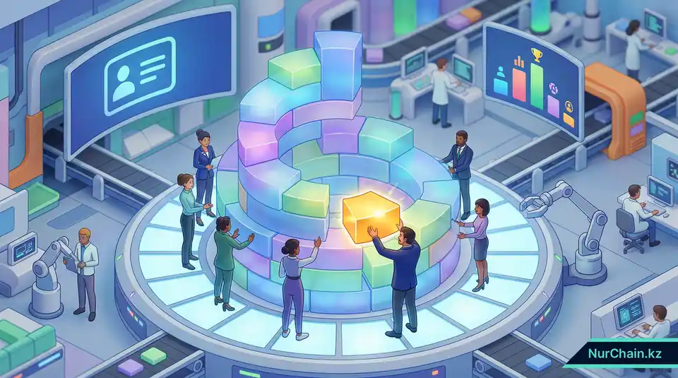 3D-графика, изображающая вклад Казахстана в разработку международных цифровых стандартов на глобальном технологическом форуме.
