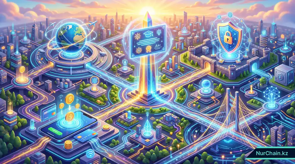 Комплексная 3D-инфографика, резюмирующая дорожную карту Казахстана по внедрению цифровых документов и глобальных инноваций.