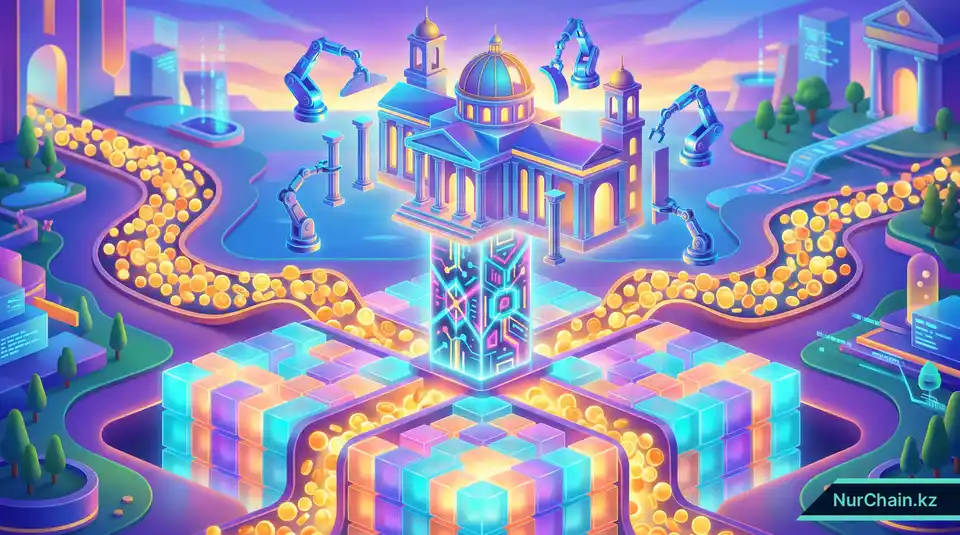 3D-иллюстрация блокчейн-фундамента для образовательной системы с интеграцией цифровой валюты.