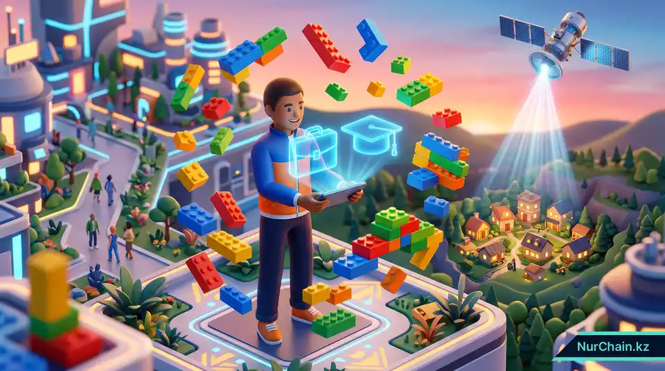 3D-визуализация: студент управляет цифровым кошельком навыков с микро-документами и удаленным подключением.