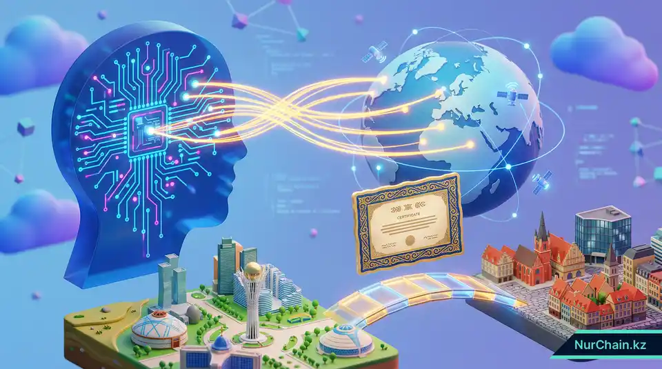 3D-инфографика, демонстрирующая интеграцию ИИ и блокчейна для глобального признания академических документов.