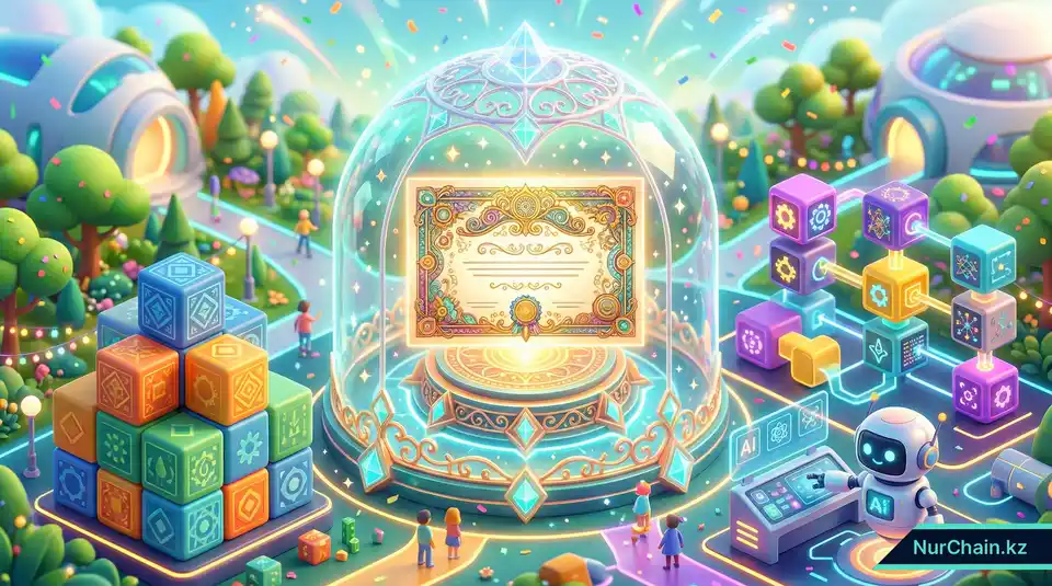 Итоговая 3D-иллюстрация защищенной и интегрированной экосистемы цифрового образования в Казахстане.